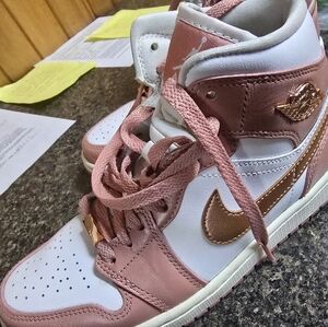 Women's Jordan 1 High-Top Sneakers - Rose Gold and White